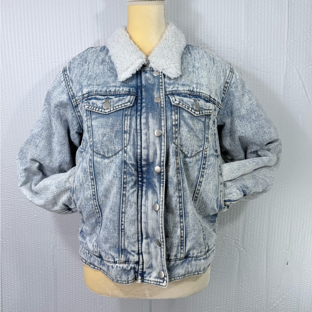 Women’s 90s Stone Wash Jean Fleece Lined Coat Jacket Pockets Zipper Size Small